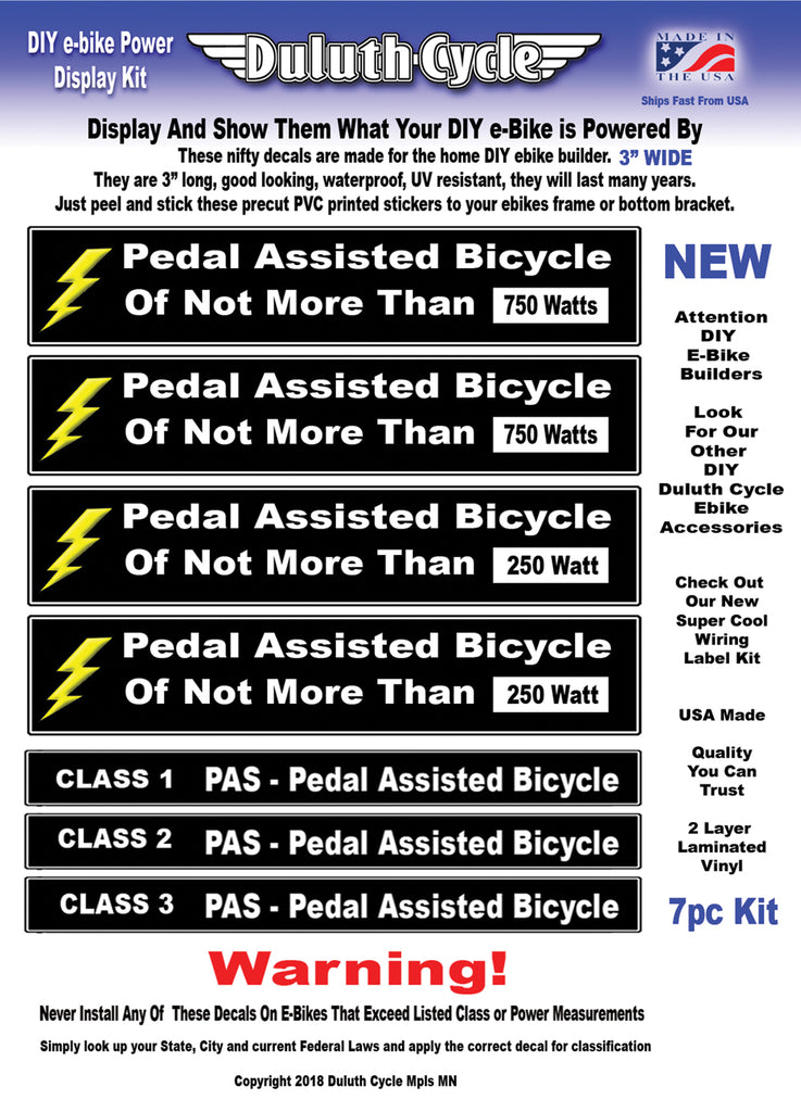 Pedal Assisted eBike Decal Kit Fits Pedal Assist Electric Bikes 250 - 750 Watts